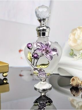 NIB Frosted Glass Miniature Heart Perfume Bottle with Purple Orchid Detail